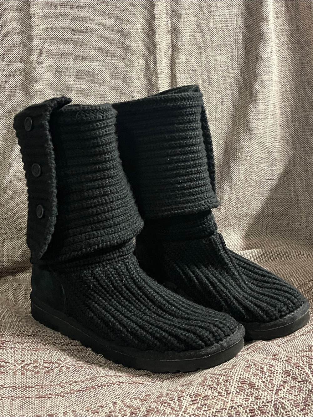 UGG Women’s Black Knit Fold-Over Button Side Boots Size 7